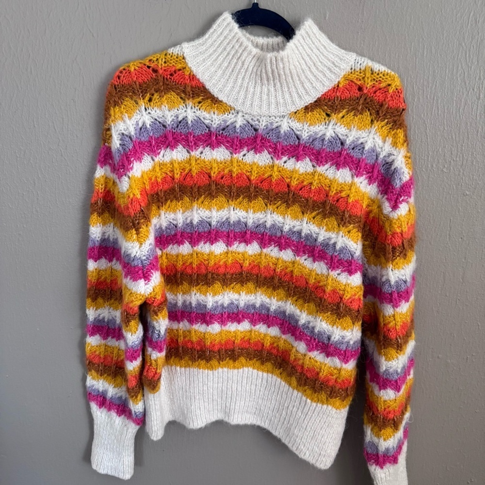 Zara Striped Mock Neck Sweater Multicolor Textured Knit Size M